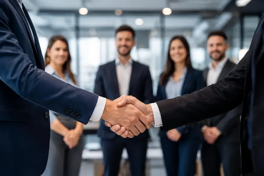 Aperto de mãos entre empresários representando uma parceria profissional com a Jermarcas