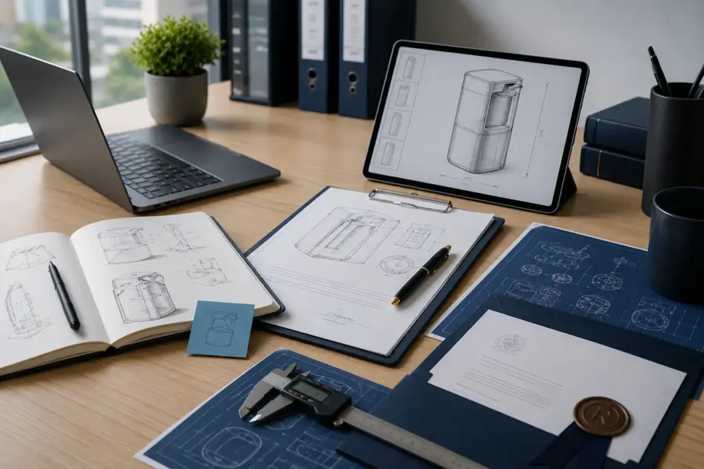Documentos e materiais criativos relacionados ao registro de patente e desenho industrial