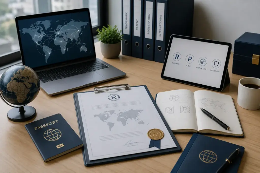 Documentos e materiais criativos relacionados ao registro internacional de marcas e patentes