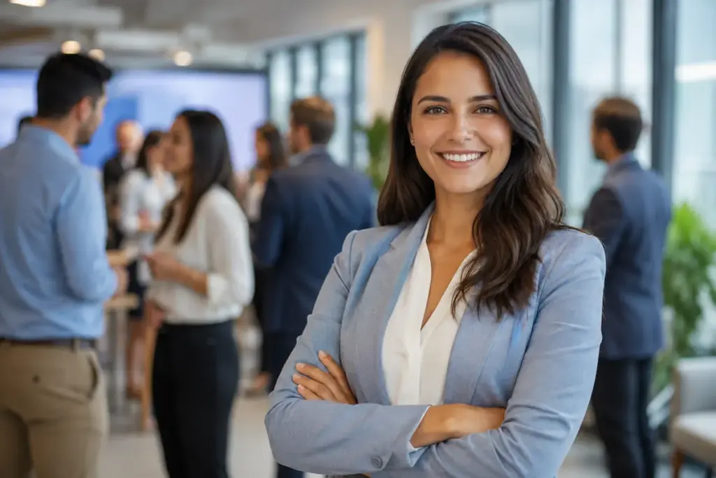 Profissional em destaque com equipe ao fundo em ambiente corporativo